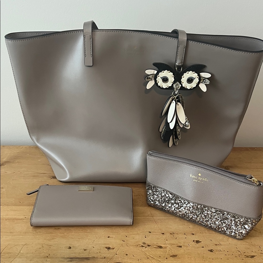 Kate Spade Taupe Tote with Owl Charm and Glitter Pouch
